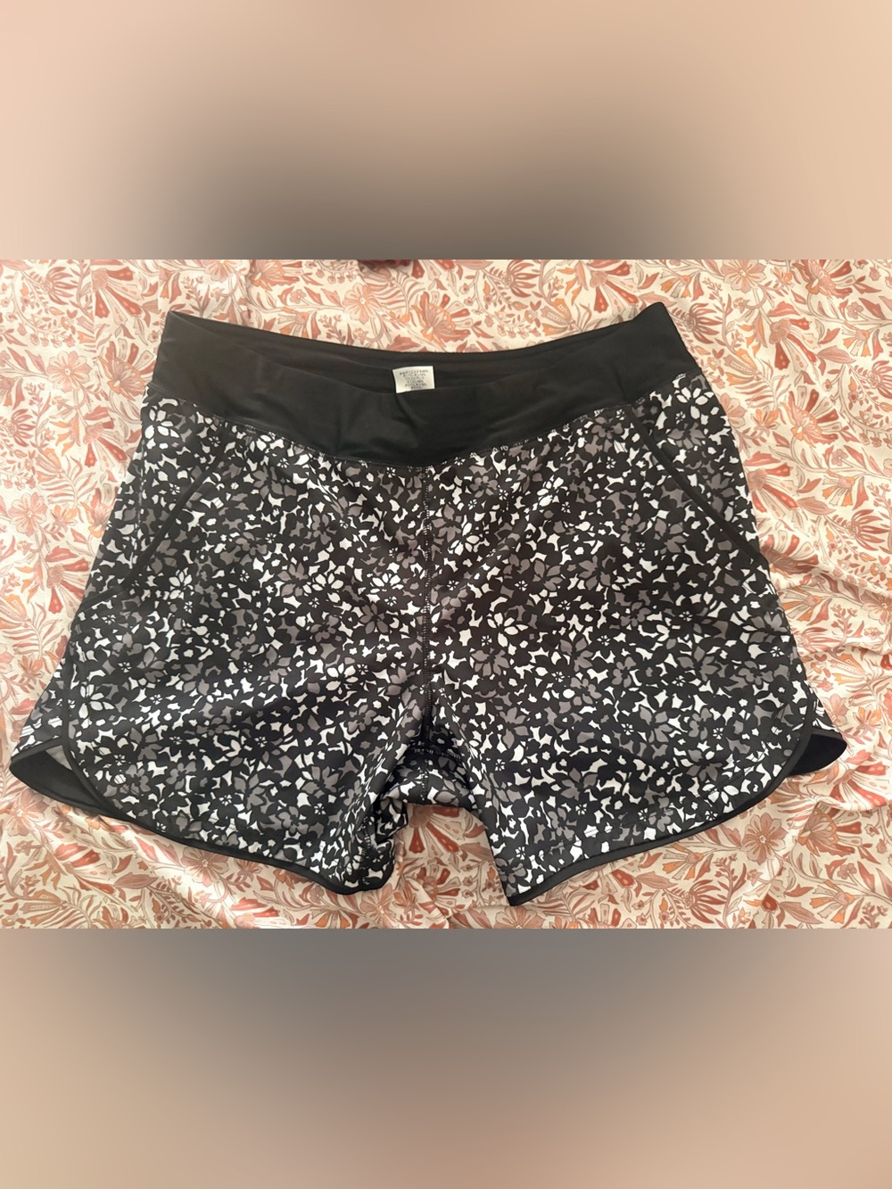 Lands End Size 14 Swim Short Bottom Suit Attached Liner Black gray Pattern 5"